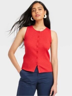 Red Crewneck Button-Down Vest Top NWT